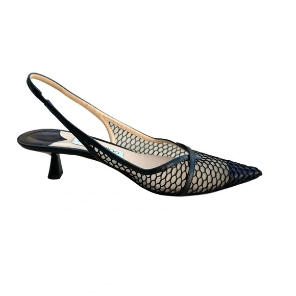Jimmy Choo Amita 45 Black Slingback Nappa Leather Fishnet Mesh Kitten Heel Pump